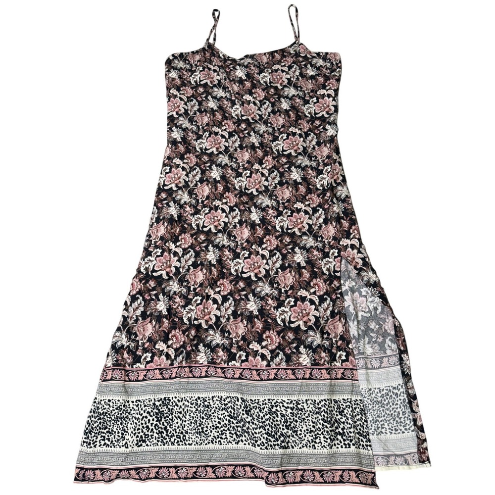MNG Casual Floral Leopard Print Midi Dress Spaghetti Strap Slit Black Pink L